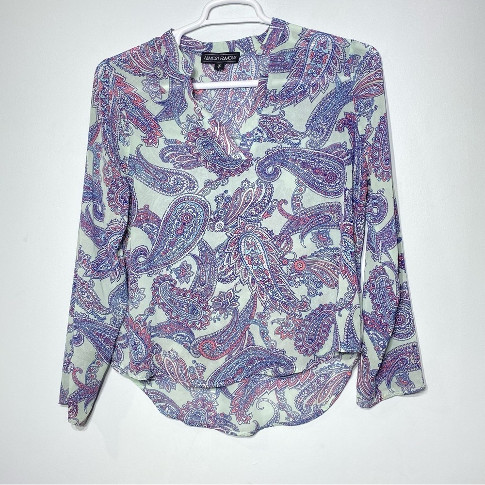 Almost Famous Paisley Sheer Blouse Womens L Multicolor V-Neck Long Sleeve Career